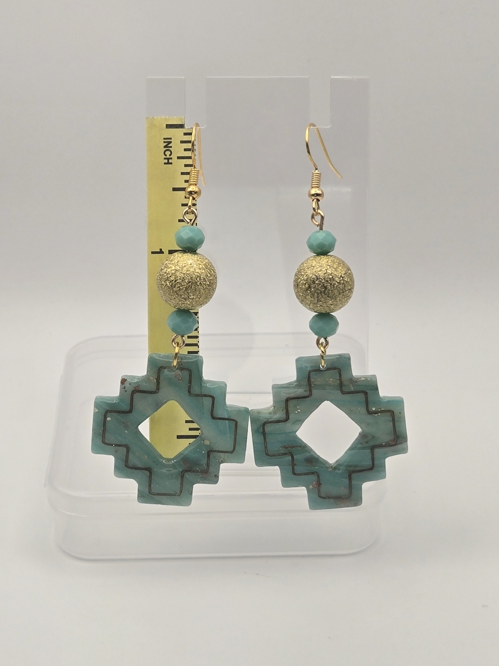 #B481- Gold and Turquoise Clay Drop Earrings - Women Jewelry - Picture 2 of 4